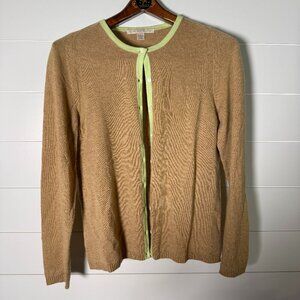 Belford 100% Cashmere Cardigan Sweater Set Tan and Green/Yellow Trim Size Large